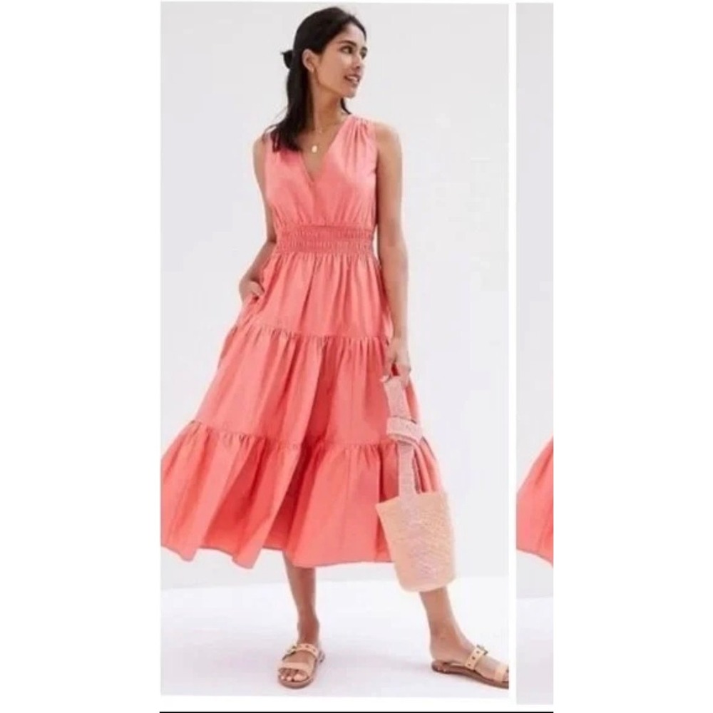Maeve Anthropologie Coral Pink Cotton Tiered Smocked Midi Dress V-Neck Size 8